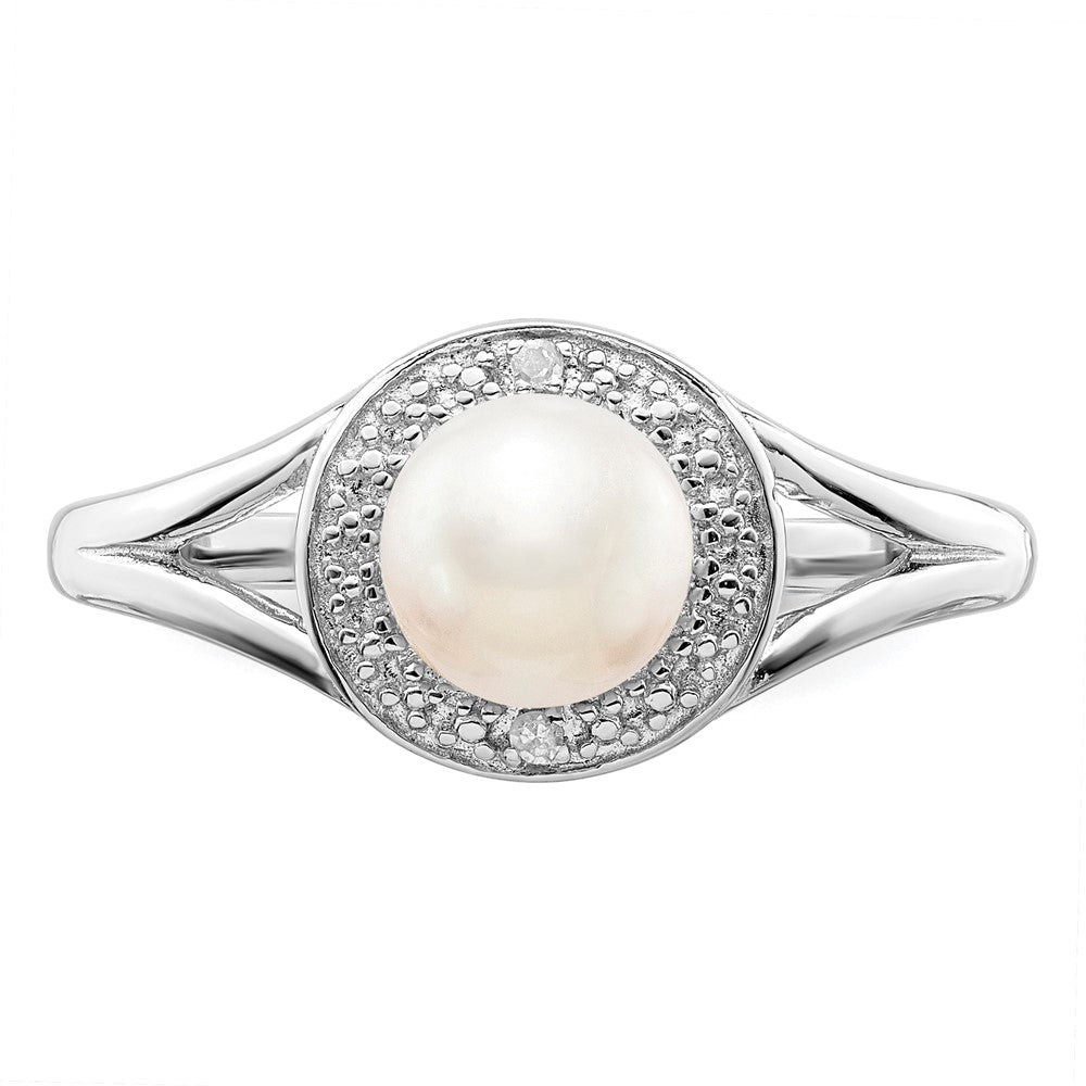 Sterling Silver Rhodium-Plated Diam. & Fw Cultured Pearl Ring
