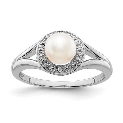 Sterling Silver Rhodium-Plated Diam. & Fw Cultured Pearl Ring