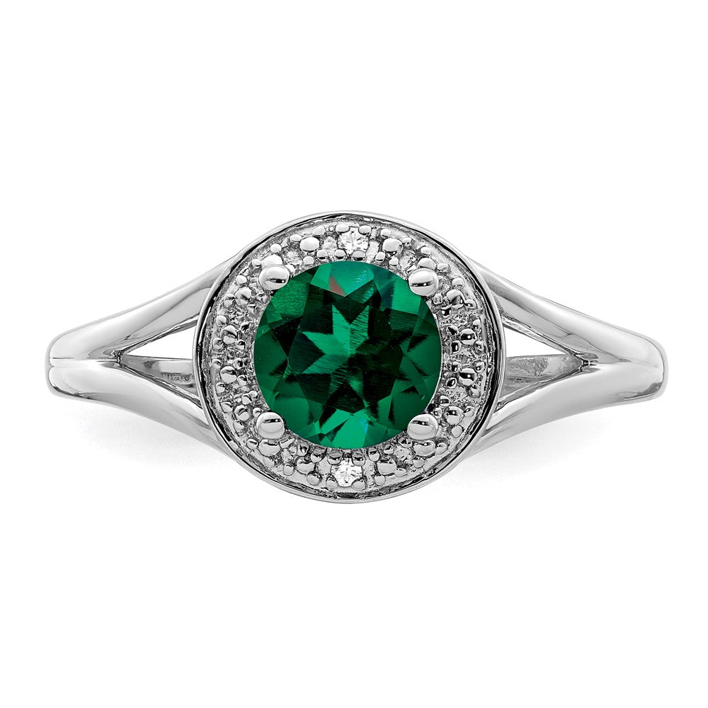 Sterling Silver Rhodium-Plated Diam. & Created Emerald Ring