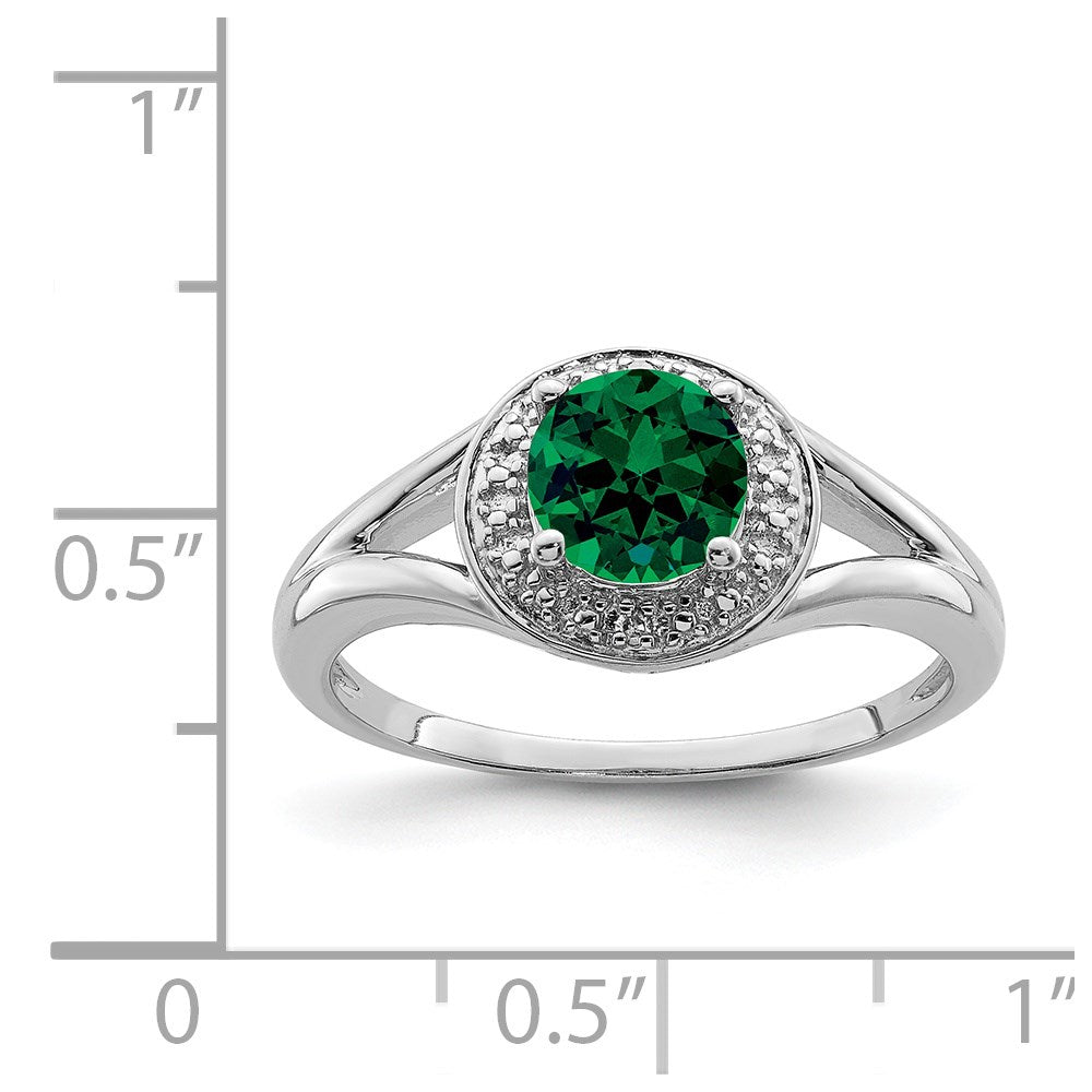Sterling Silver Rhodium-Plated Diam. & Created Emerald Ring