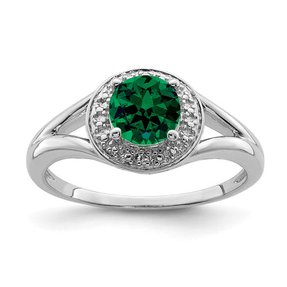Sterling Silver Rhodium-Plated Diam. & Created Emerald Ring