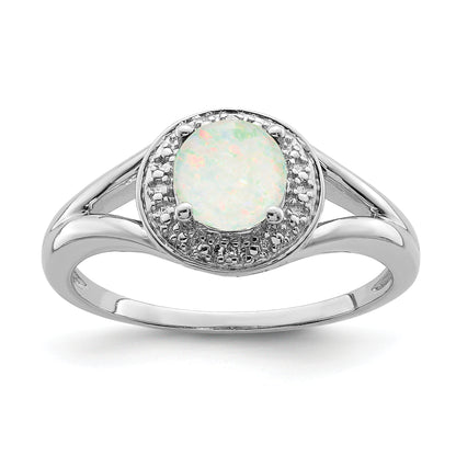 Sterling Silver Rhodium-Plated Diam. & Created Opal Ring