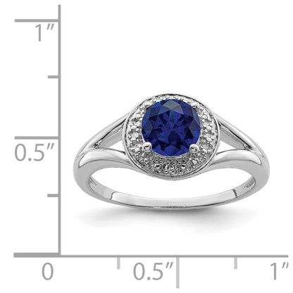 Sterling Silver Rhodium-Plated Diam. & Created Sapphire Ring