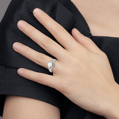 Sterling Silver Rhodium-Plated Diam. & Fw Cultured Pearl Ring