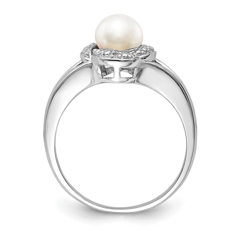 Sterling Silver Rhodium-Plated Diam. & Fw Cultured Pearl Ring