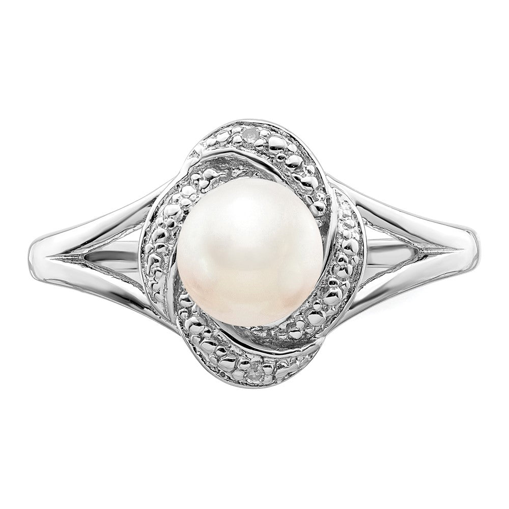 Sterling Silver Rhodium-Plated Diam. & Fw Cultured Pearl Ring