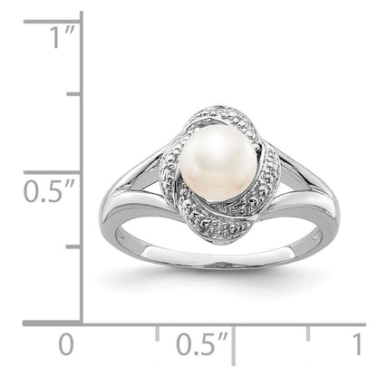 Sterling Silver Rhodium-Plated Diam. & Fw Cultured Pearl Ring