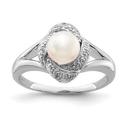 Sterling Silver Rhodium-Plated Diam. & Fw Cultured Pearl Ring