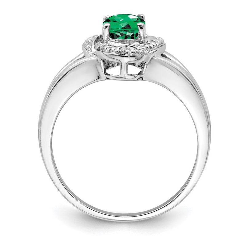 Sterling Silver Rhodium-Plated Diam. & Created Emerald Ring