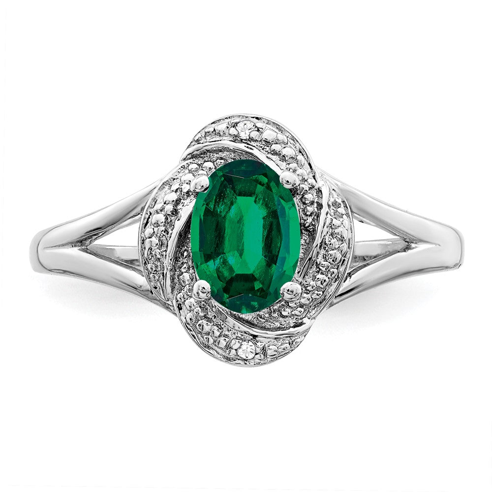 Sterling Silver Rhodium-Plated Diam. & Created Emerald Ring
