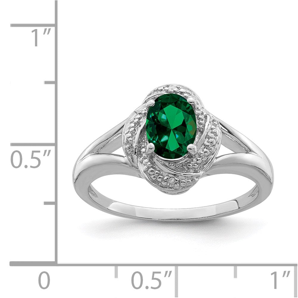 Sterling Silver Rhodium-Plated Diam. & Created Emerald Ring