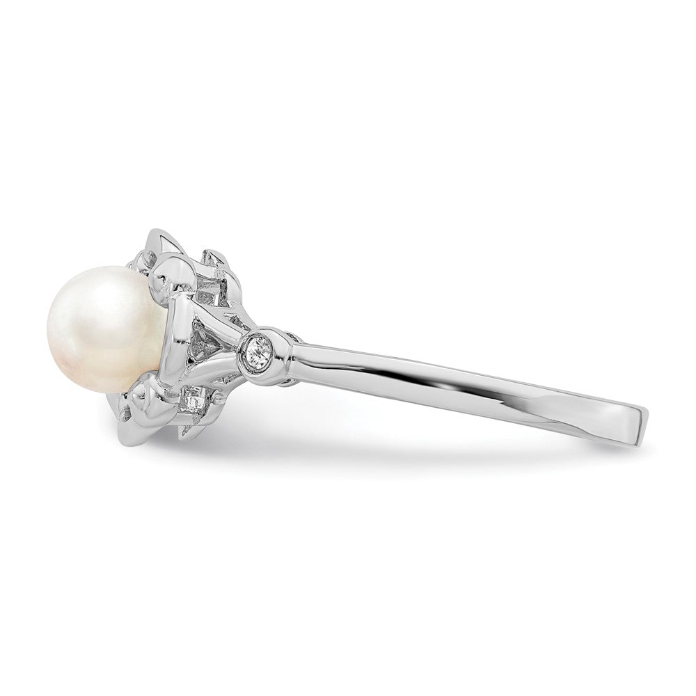Sterling Silver Rhodium-Plated Fw Cultured Pearl & Diam. Ring