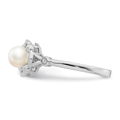 Sterling Silver Rhodium-Plated Fw Cultured Pearl & Diam. Ring