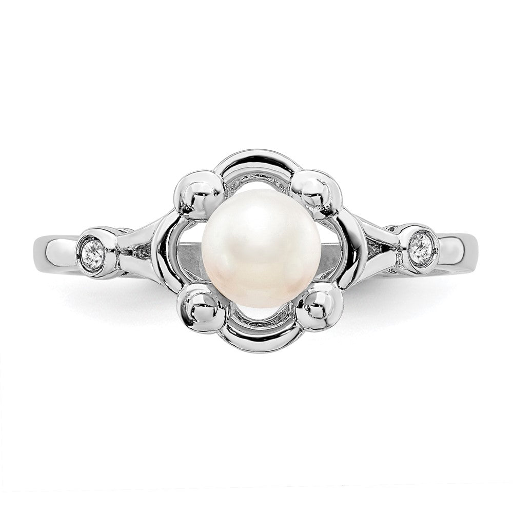 Sterling Silver Rhodium-Plated Fw Cultured Pearl & Diam. Ring