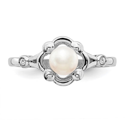 Sterling Silver Rhodium-Plated Fw Cultured Pearl & Diam. Ring