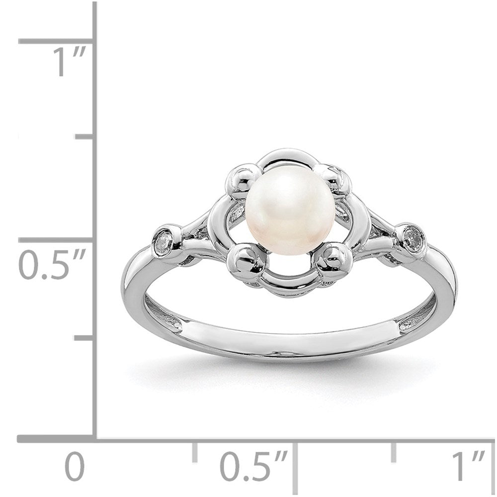 Sterling Silver Rhodium-Plated Fw Cultured Pearl & Diam. Ring