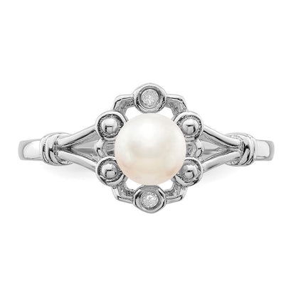 Sterling Silver Rhodium-Plated Fw Cultured Pearl & Diam. Ring