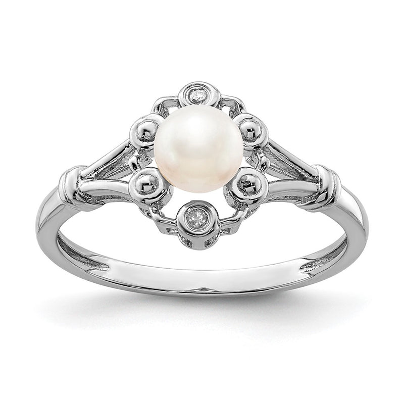 Sterling Silver Rhodium-Plated Fw Cultured Pearl & Diam. Ring