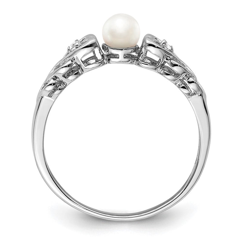 Sterling Silver Rhodium-Plated Fw Cultured Pearl & Diam. Ring
