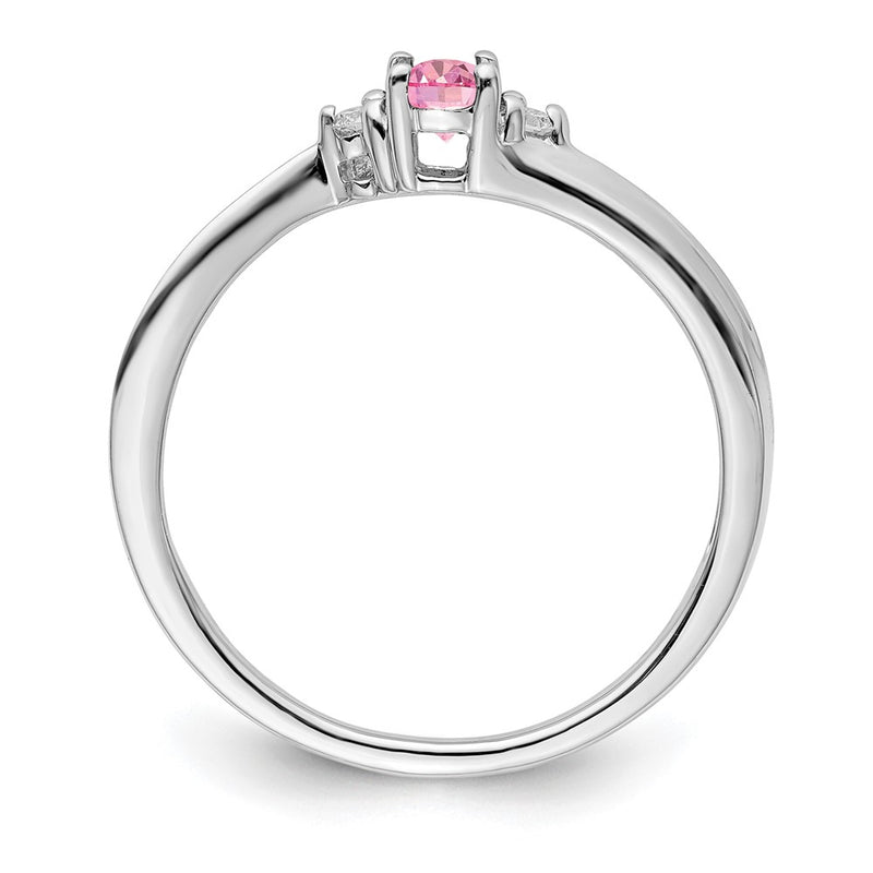 Sterling Silver Rhodium-Plated Pink Cz & Diamond Birthstone Ring