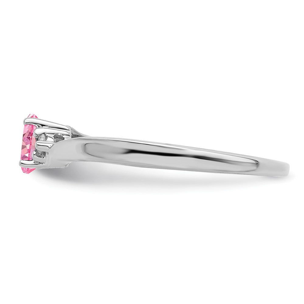 Sterling Silver Rhodium-Plated Pink Cz & Diamond Birthstone Ring