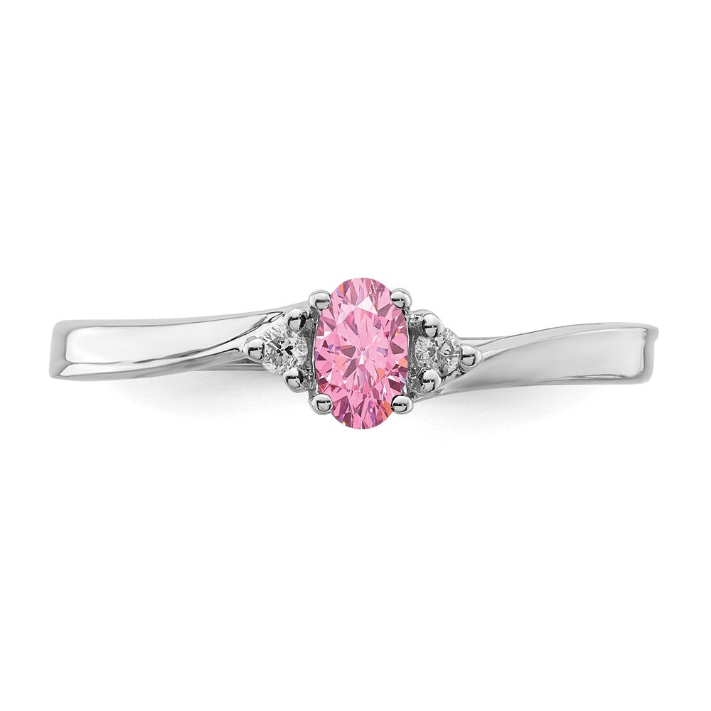 Sterling Silver Rhodium-Plated Pink Cz & Diamond Birthstone Ring