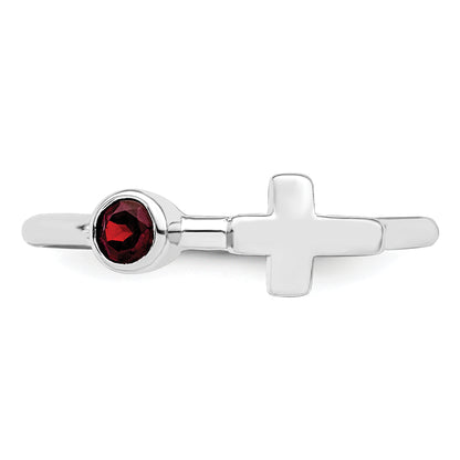 Sterling Silver Rhodium-Plated Polished Cross Garnet Ring