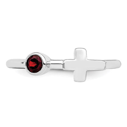 Sterling Silver Rhodium-Plated Polished Cross Garnet Ring