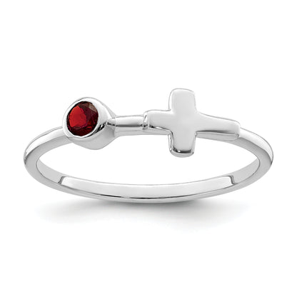 Sterling Silver Rhodium-Plated Polished Cross Garnet Ring