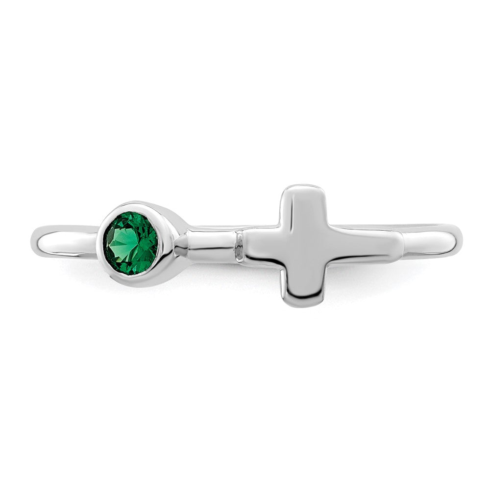 Sterling Silver Rhodium-Plated Polished Cross Lab Created Emerald Ring