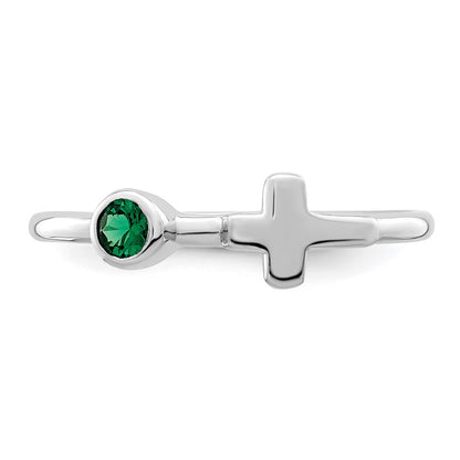 Sterling Silver Rhodium-Plated Polished Cross Lab Created Emerald Ring