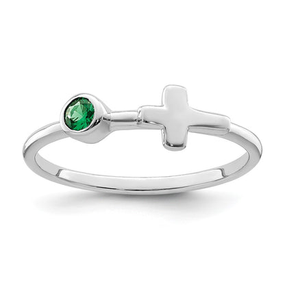 Sterling Silver Rhodium-Plated Polished Cross Lab Created Emerald Ring
