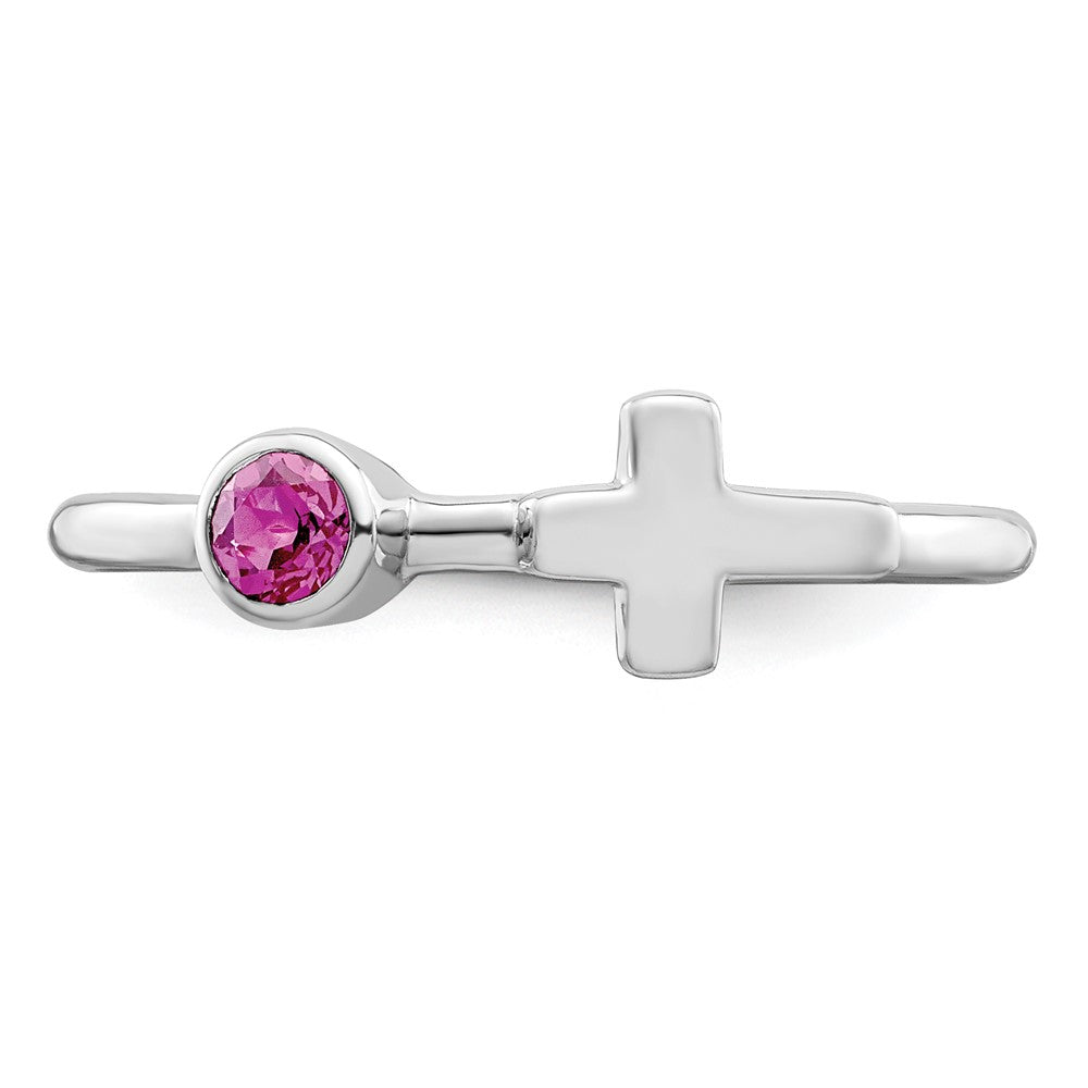 Sterling Silver Rhodium-Plated Polished Cross Pink Tourmaline Ring