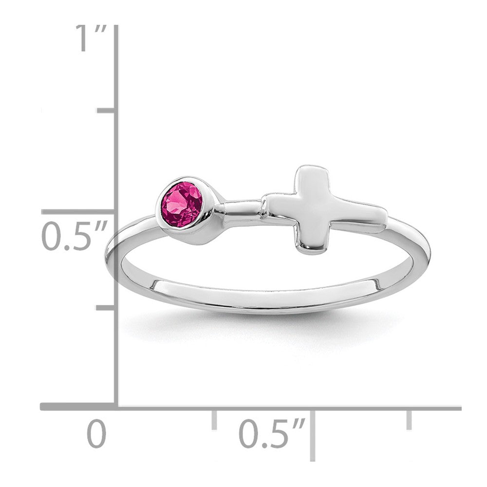 Sterling Silver Rhodium-Plated Polished Cross Pink Tourmaline Ring