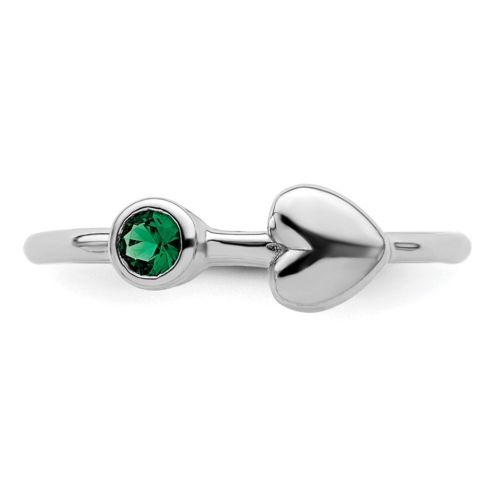 Sterling Silver Rhodium-Plated Polished Circle Created Emerald Heart Ring