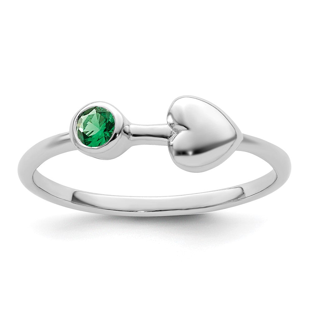Sterling Silver Rhodium-Plated Polished Circle Created Emerald Heart Ring