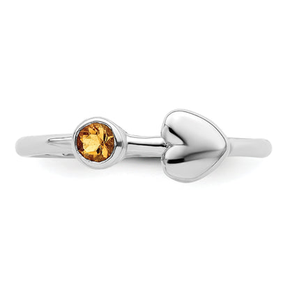 Sterling Silver Rhodium-Plated Polished Heart Citrine Ring