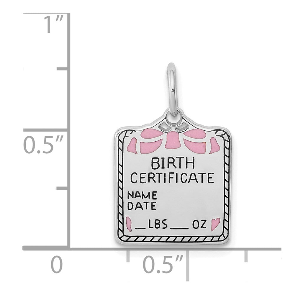 Sterling Silver Rhodium-Plated Pink Birth Certificate Polished Charm