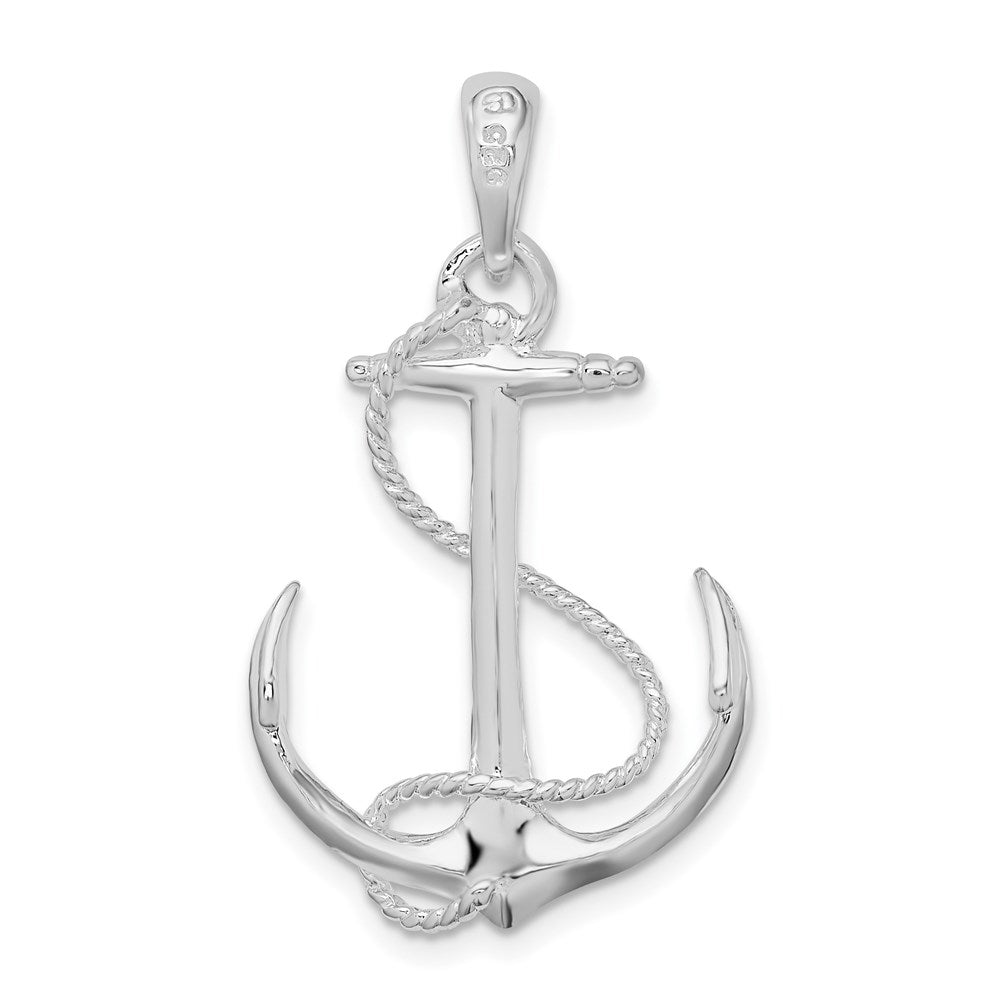 Sterling Silver De-Ani Rhodium-Plated Polished 3D Anchor With Rope Pendant