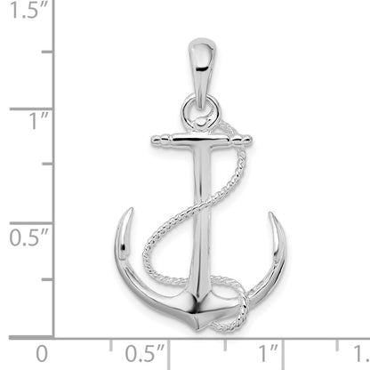 Sterling Silver De-Ani Rhodium-Plated Polished 3D Anchor With Rope Pendant
