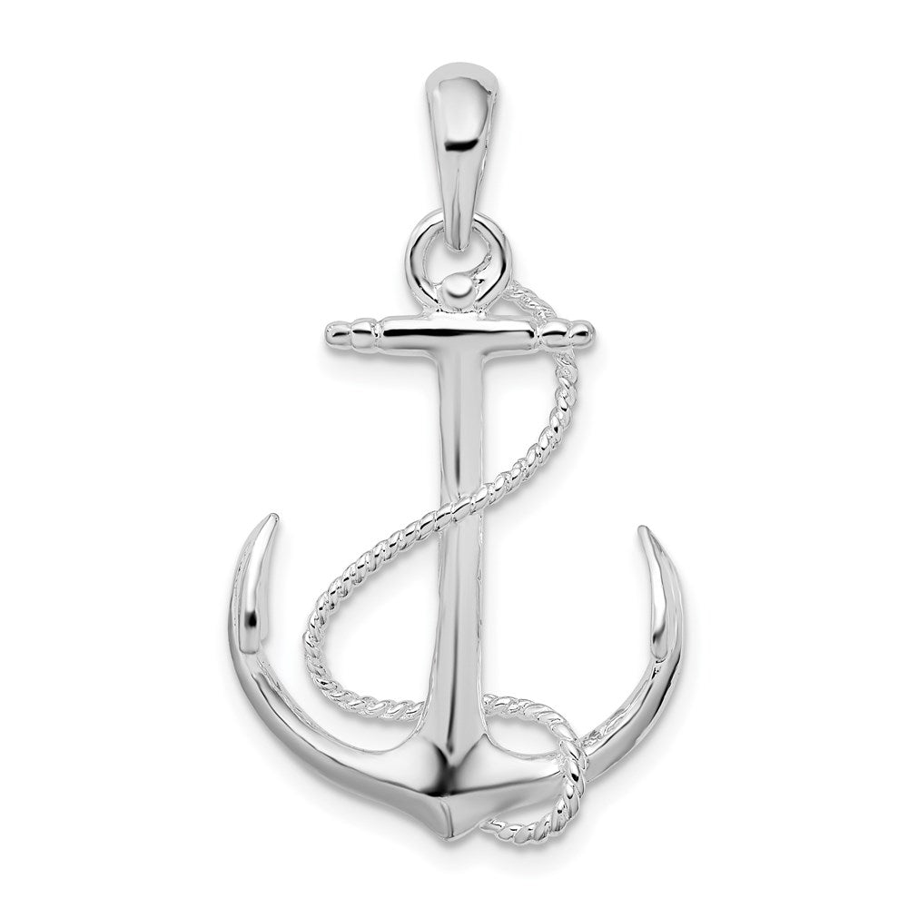 Sterling Silver De-Ani Rhodium-Plated Polished 3D Anchor With Rope Pendant