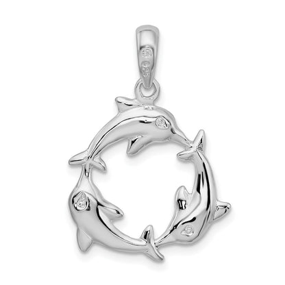 Sterling Silver De-Ani Rhodium-Plated Polished 3 Dolphin Circle Pendant
