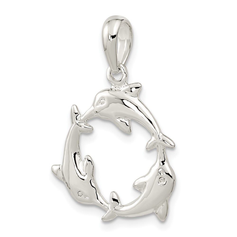 Sterling Silver De-Ani Rhodium-Plated Polished 3 Dolphin Circle Pendant