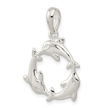 Sterling Silver De-Ani Rhodium-Plated Polished 3 Dolphin Circle Pendant