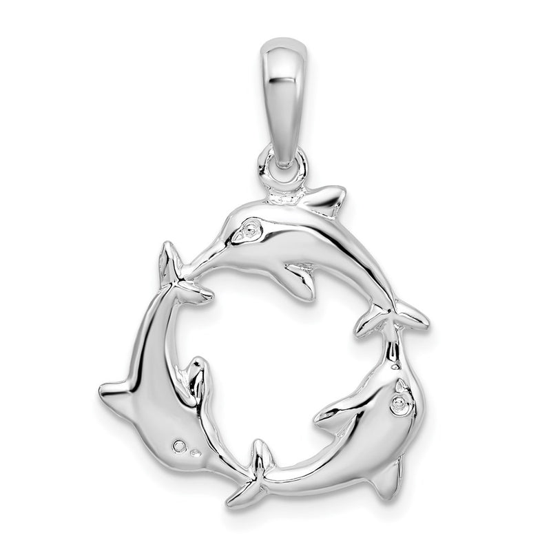 Sterling Silver De-Ani Rhodium-Plated Polished 3 Dolphin Circle Pendant
