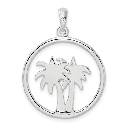 Sterling Silver De-Ani Rhodium-Plated Polished Double Palm Tree Circle Pendant