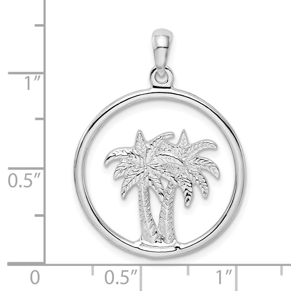 Sterling Silver De-Ani Rhodium-Plated Polished Double Palm Tree Circle Pendant