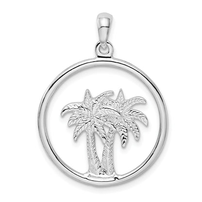 Sterling Silver De-Ani Rhodium-Plated Polished Double Palm Tree Circle Pendant