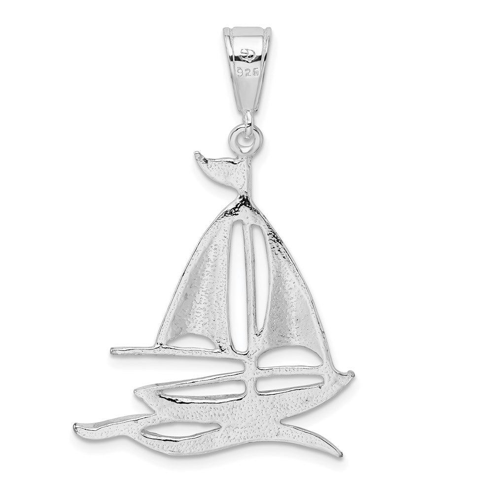 Sterling Silver De-Ani Rhodium-Plated Polished And Textured Sailboat On Water Pendant
