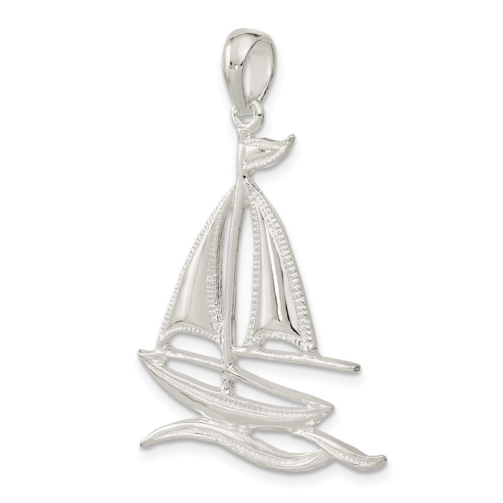 Sterling Silver De-Ani Rhodium-Plated Polished And Textured Sailboat On Water Pendant